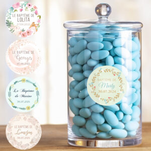 24 stickers rond Baptême personnalisés