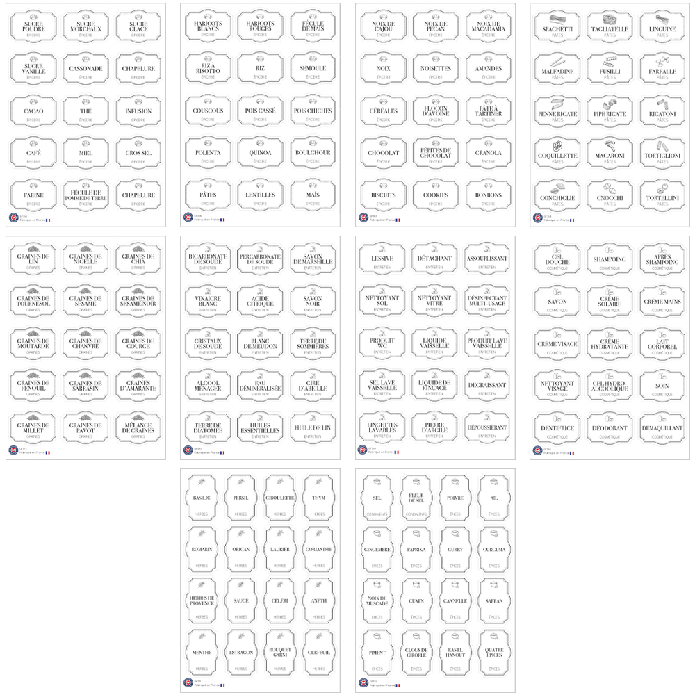 Lot de 10 planches d'étiquettes pour bocaux | Les Gommettes Françaises